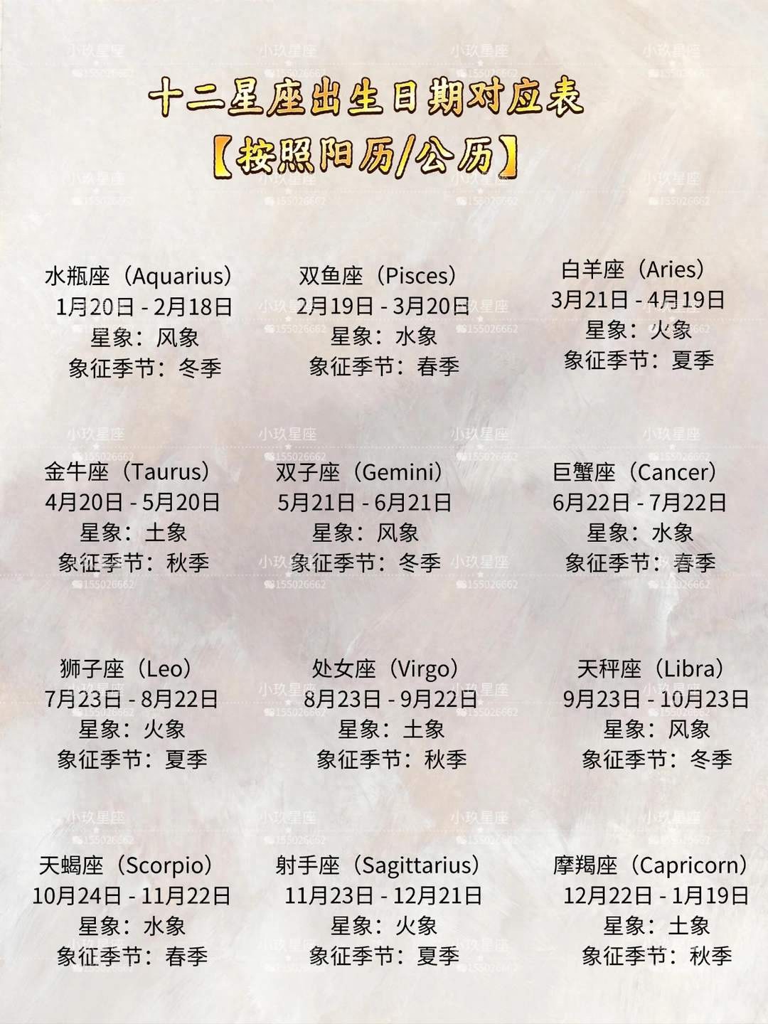 星座专属魅力指南_星座阳历日期对照表_星座具体划分